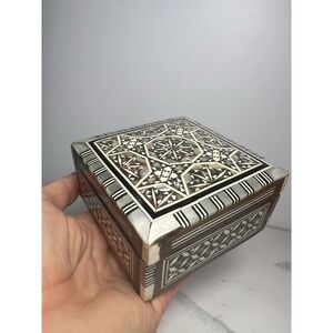 VTG Egyptian Mother Of Pearl Inlaid Wooden Jewelry Box